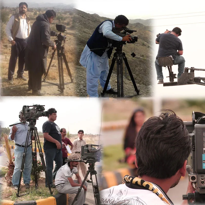 Timeline TV Studios production crew and cinematographers filming on location with professional broadcast cameras and camera crane equipment