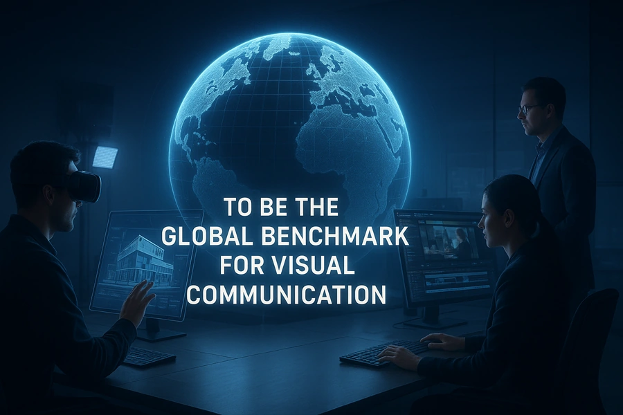 Timeline TV Studios creative team working on 3D CGI architectural modeling, VR, and video editing workstations under a glowing digital Earth globe